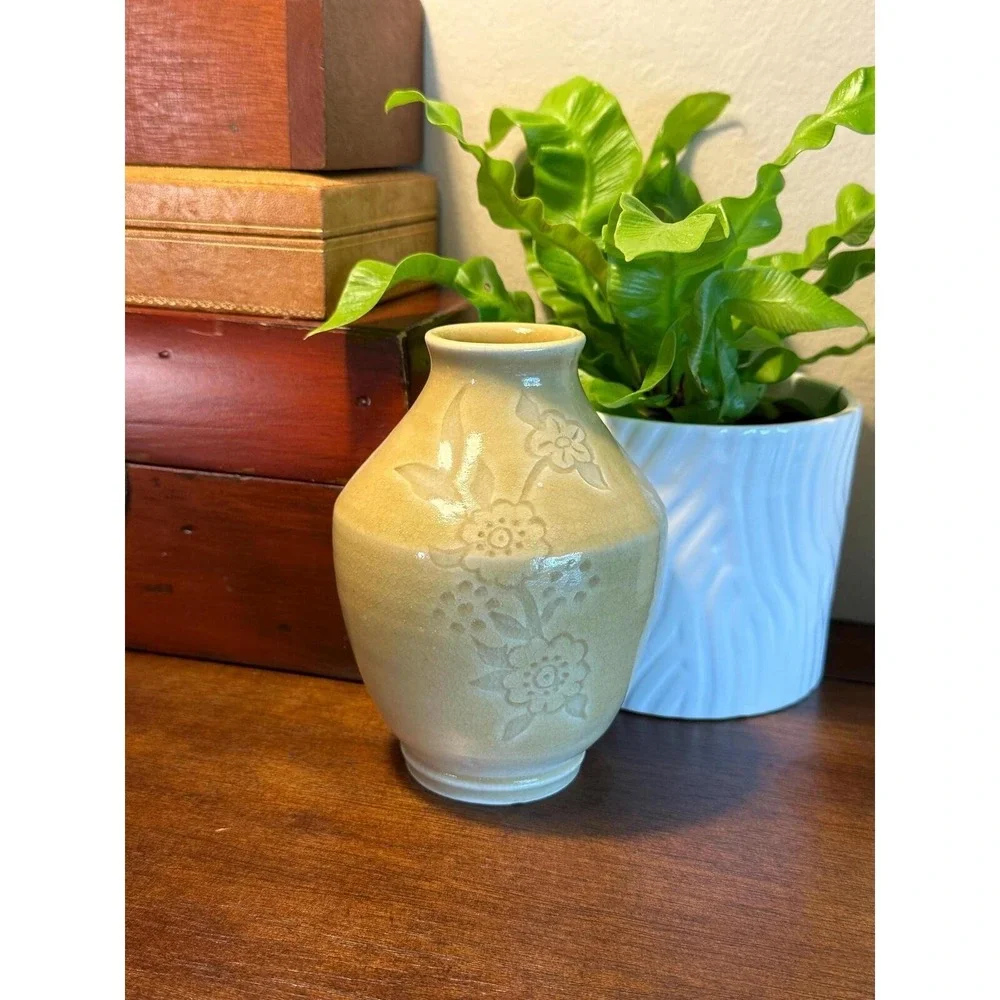 Vintage Yellow Stoneware Bud Vase Embossed Floral Motif Artist Signed Pottery
